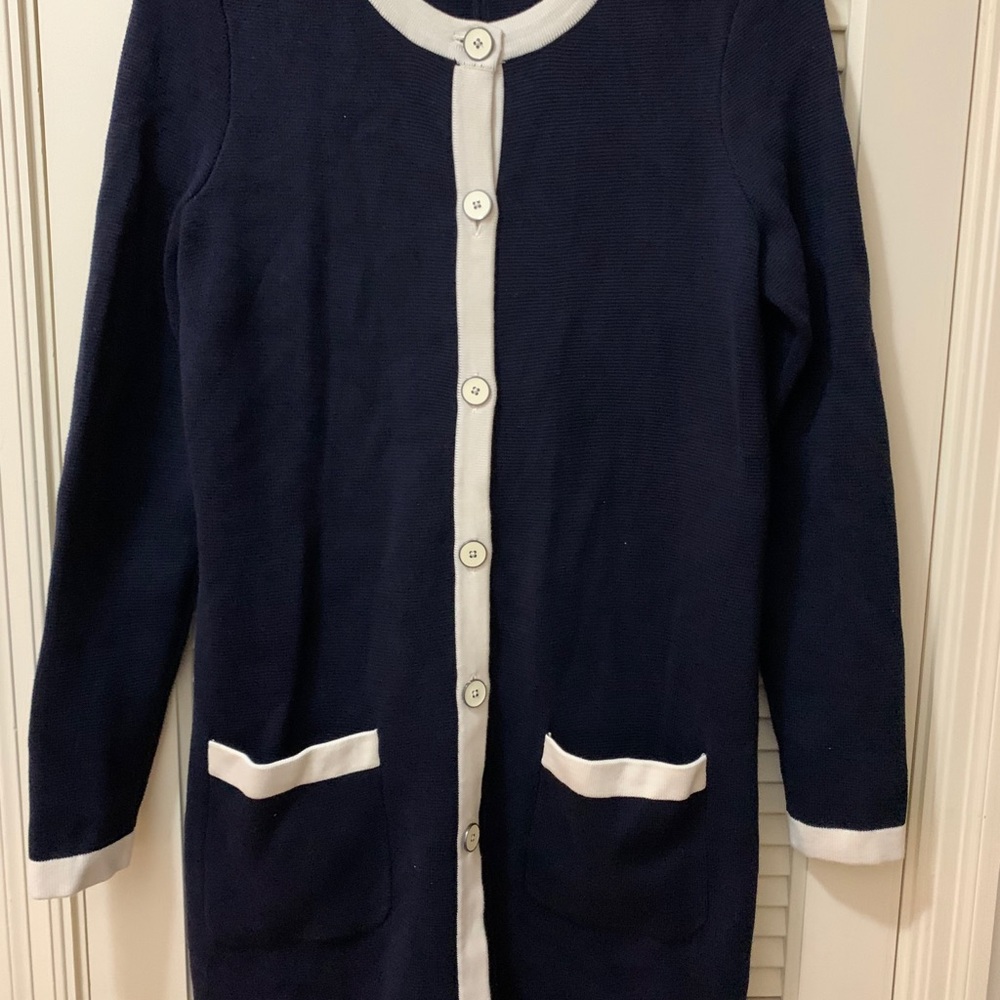 TALBOTS long navy sweater with white trim.